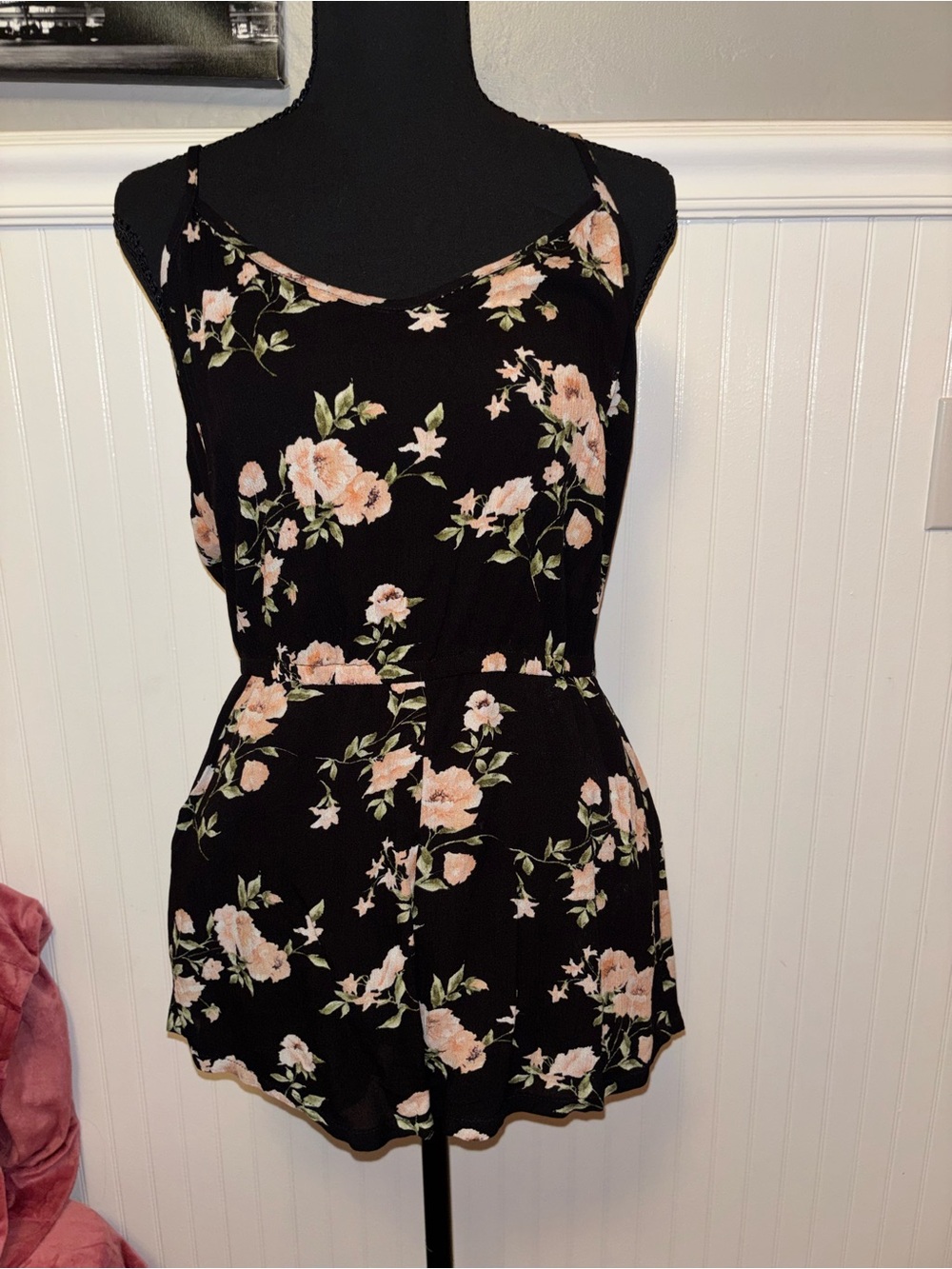 Forever 21 Black Floral Romper with Pink and Green Accents